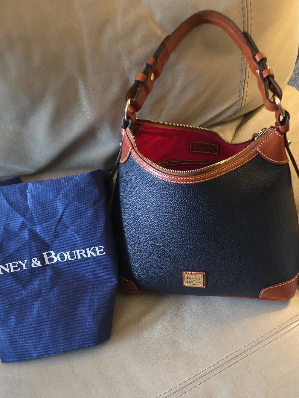 Dooney & Bourke Dark Navy with Brown Trim and Red Interior
